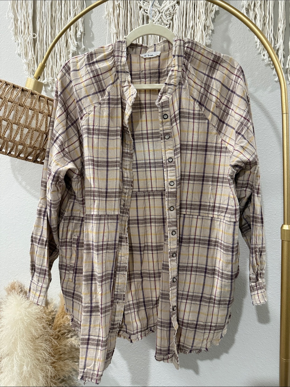Plaid Button-Up Shirt Jacket in Cream and Purple